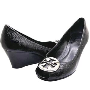 TORY BURCH Logo Wedges Heels Pumps Stilettos Leather Black Size 6